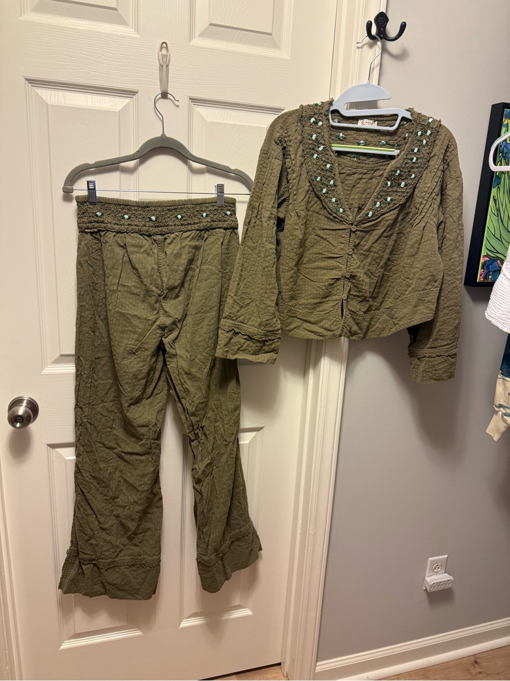 Free People Olive Green Embellished Two-Piece Pajama Set